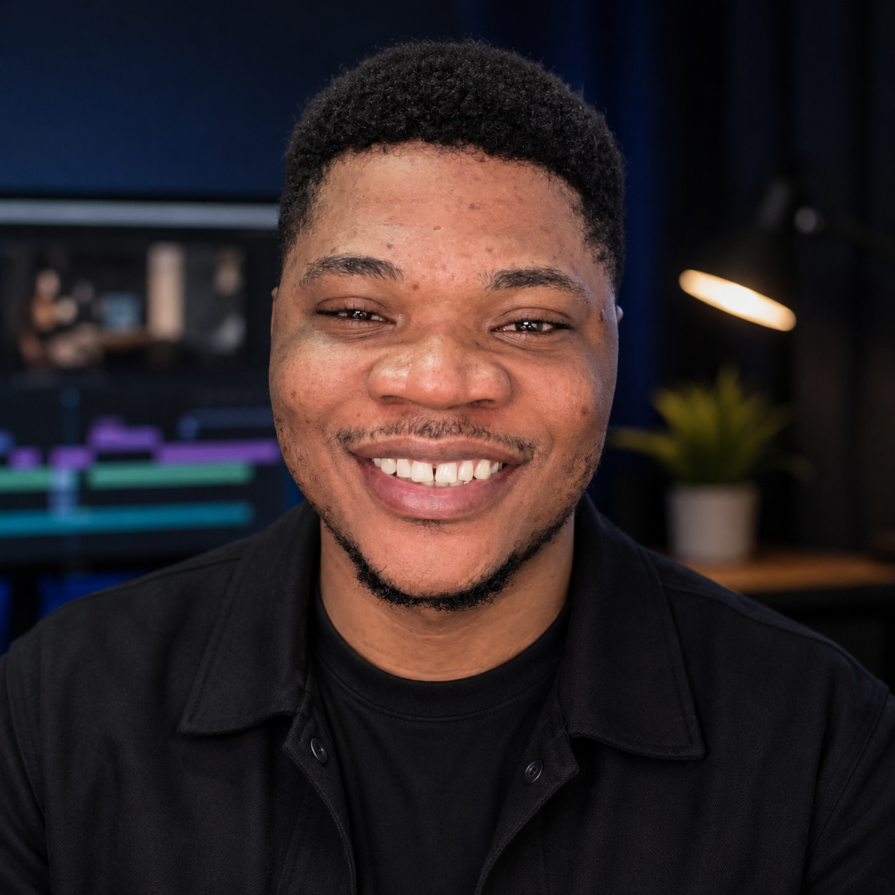 Emmanuel Adanu smiling in a professional video-editing workspace